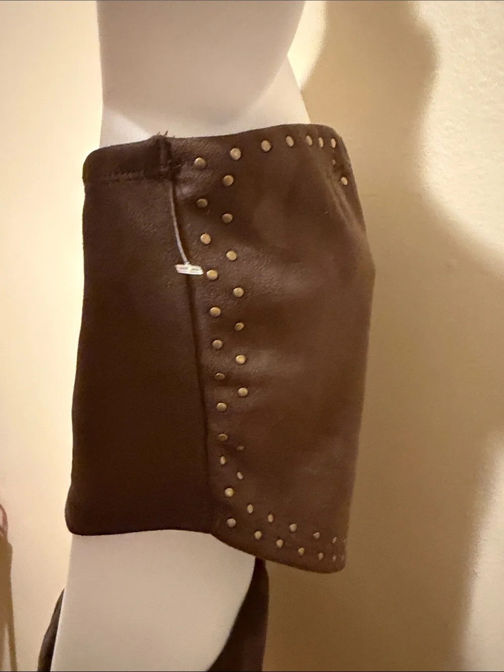 Brown Suede-Look Mini Skirt with Gold Stud Detail